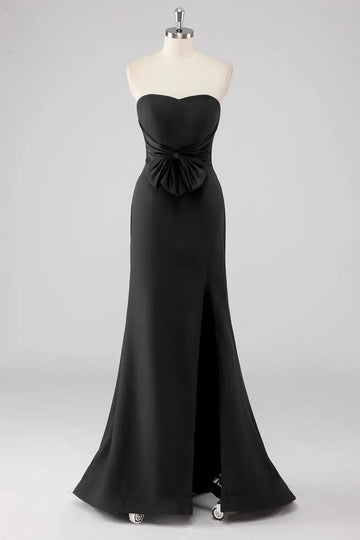 Strapless Bow Satin Mermaid Black Tie Dress with Slit
